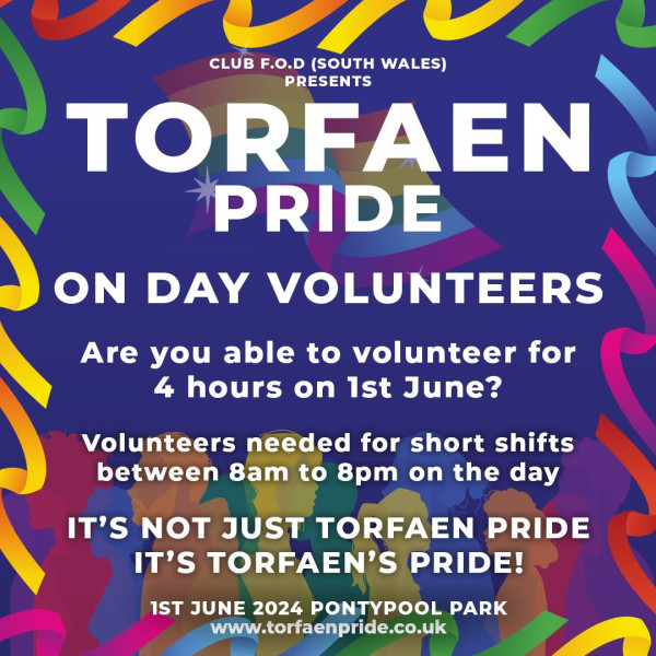 Volunteer for Torfaen Pride on 1st June 2024 Pontypool Park
