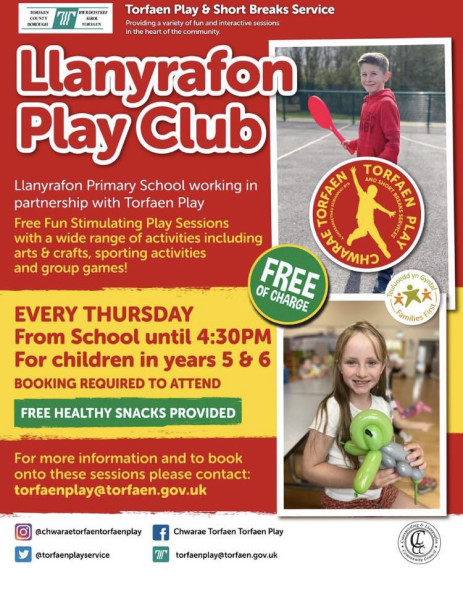 Llanyrafon Play Club @ Llanyrafon Primary School - Wednesday from school until 4.30pm for years 5&6