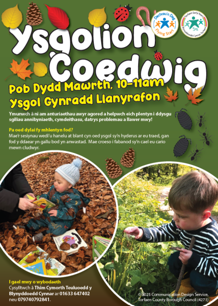Lleoliad Ysgolion Coedwig Newydd yn Ysgol Gynradd Llanyrafon, Cwmbrân. Dechrau: Dydd Mawrth 29 Ebril